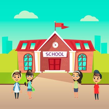 Group of pupils go to school together. Students talking in front of building schoolhouse. Welcome Back to school concept. Schoolboys and schoolgirls came to learn. The first day at school