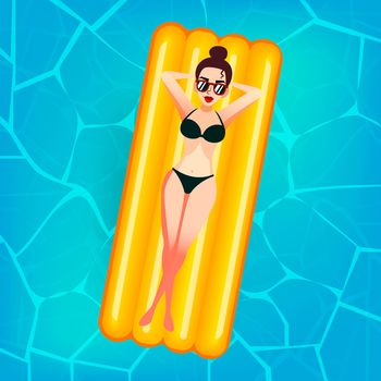 Cartoon sweet girl in sun glasses is floating on an inflatable mattress in the pool at private villa. Young woman enjoying suntan. Flat lady in bikini on the pink air mattress. Vacation or summer holidays concept
