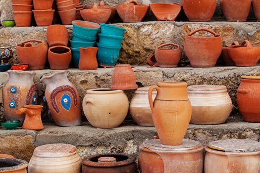Assortment of turkish pottery in street market