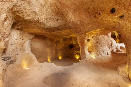 The Uchisar underground city is an ancient multi-level cave city in Cappadocia, Turkey.