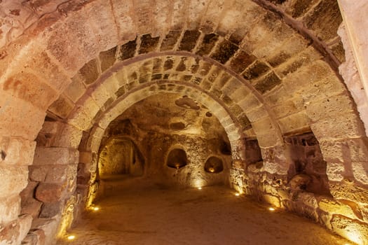 The Uchisar underground city is an ancient multi-level cave city in Cappadocia, Turkey.