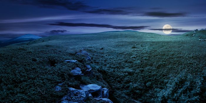 panorama of the hillside meadow at night in full moon light. lovely summer landscape with boulders among the grass. location Runa mountain, Ukraine
