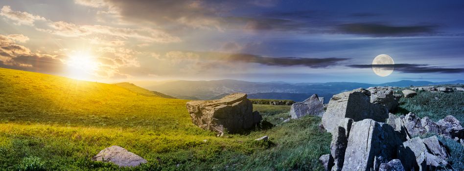 time change over the panorama of Runa mountain. moon and sun on the sky over the huge rocky formation on the hillside and peak in the distance. mysterious landscape of Carpathians