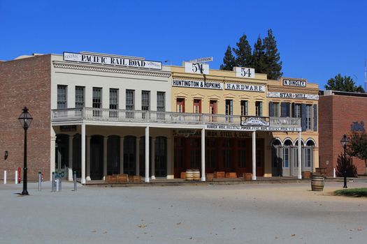 Historic wooden storefronts in old Sacramento's central business district.