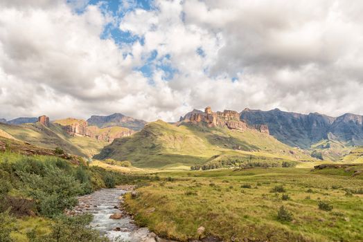Garden Castle in the Drakensberg near Underberg. Hermits Wood Camp Site is visible between the trees in the back and the Mlambonja River in front