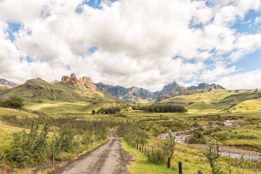 Garden Castle in the Drakensberg near Underberg. Hermits Wood Camp Site is visible between the trees in the back and the Mlambonja River to the right. Rhino Peak (3056m) is visible