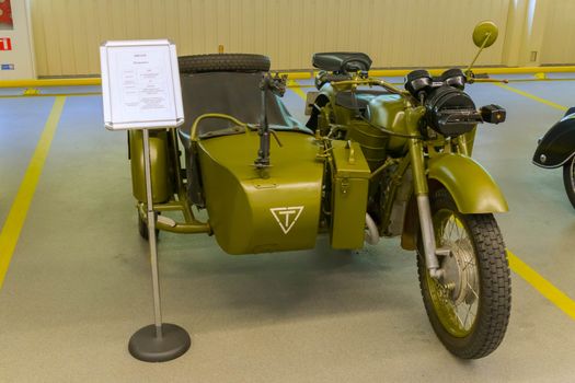 KYIV, UKRAINE - MARCH 25, 2016: An old motorcycle at an automobile exhibition in Mezhgore Ukraine 