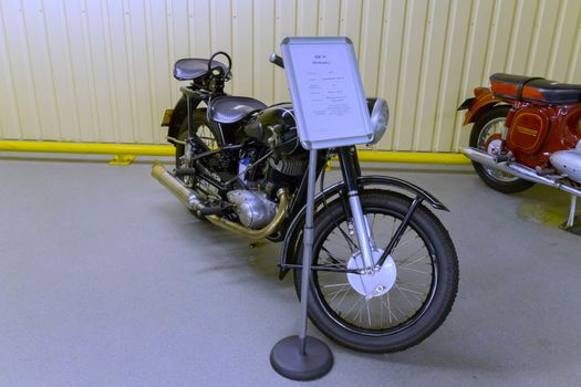 KYIV, UKRAINE - MARCH 25, 2016: An old motorcycle at an automobile exhibition in Mezhgore Ukraine 