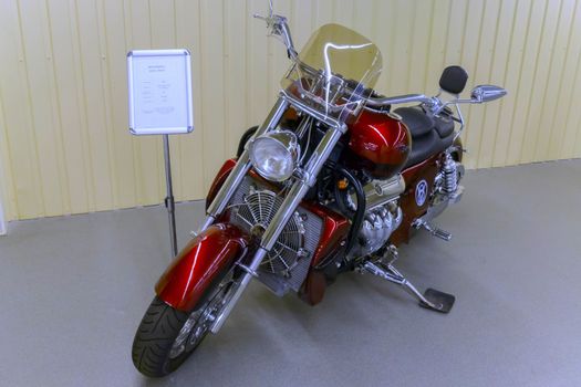 KYIV, UKRAINE - MARCH 25, 2016: An old motorcycle at an automobile exhibition in Mezhgore Ukraine 