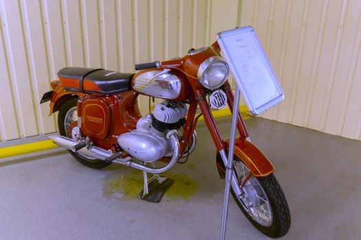 KYIV, UKRAINE - MARCH 25, 2016: An old motorcycle at an automobile exhibition in Mezhgore Ukraine 