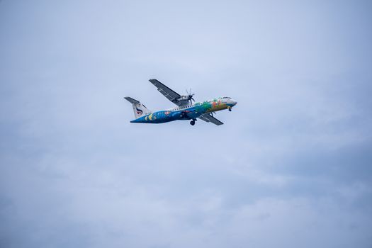 Bangkok, Thailand - May 4, 2018: Bangkok airway aircraft approaches runway for a landing at Suvarnabhumi International Airport, Bangkok, Thailand.