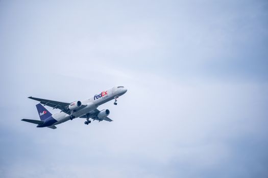 Bangkok, Thailand - May 4, 2018: FedEx Airbus commercial cargo aircraft approaches runway for a landing at Suvarnabhumi International Airport, Bangkok, Thailand.