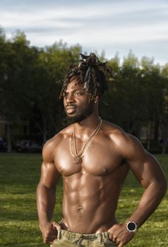 Handsome young muscular shirtless African American man standing in the park lit by afternoon sun.