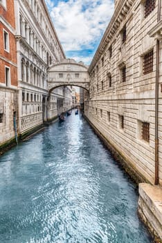 View over the iconic Bridge of Sighs, one of the major landmark and sightseeing in Venice, Italy