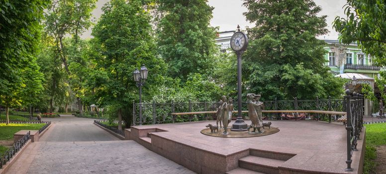 ODESSA, UKRAINE - 05.19.2018. Panoramic view in the Odessa City garden, Ukraine, on a sunny spring morning