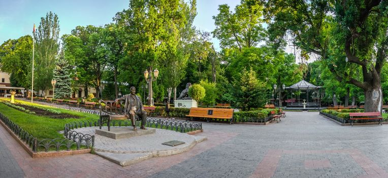 ODESSA, UKRAINE - 05.19.2018. Panoramic view in the Odessa City garden, Ukraine, on a sunny spring morning