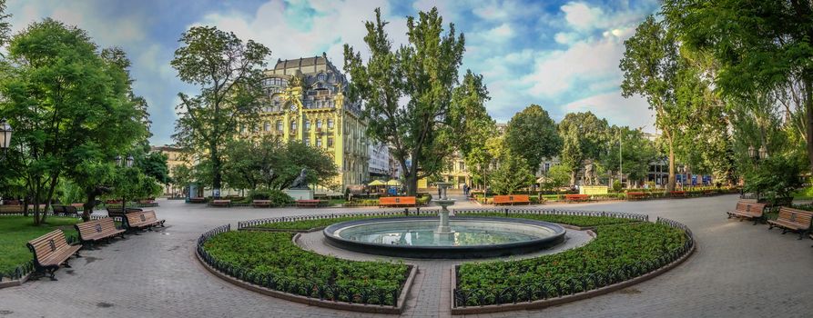 ODESSA, UKRAINE - 05.19.2018. Panoramic view in the Odessa City garden, Ukraine, on a sunny spring morning