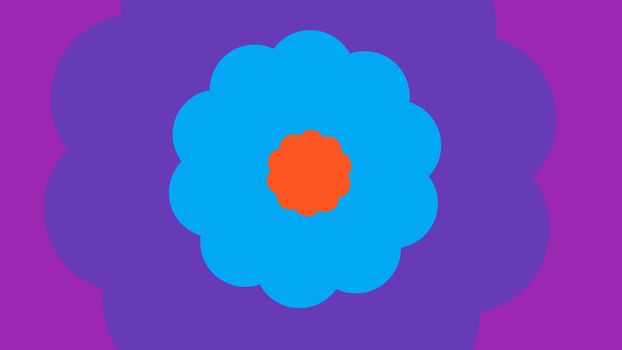 An arty 3d illustration of cartoon flowers with ten petals inserted in each other. The smallest is orange, the middle is blue, and the biggest is violet. They are on pink backdrop.