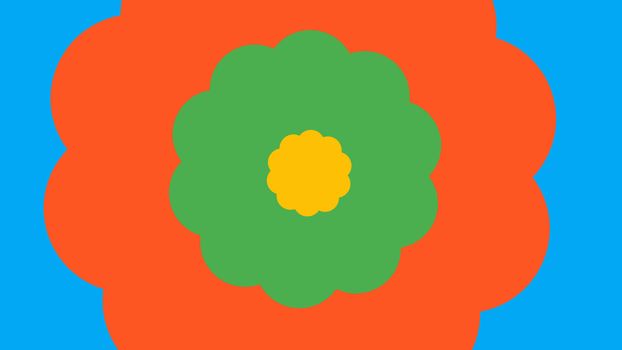 A cheery 3d illustration of cartoon blossom with ten petals placed in each other. The smallest is yellow, the middle is green, and the biggest is orange. They are on the blue backdrop.