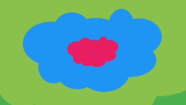 A joyful 3d illustration of multicolored cartoon clouds placed in each other. The smallest is pink, the middle is blue, and the biggest is salad. They are in the green backdrop.