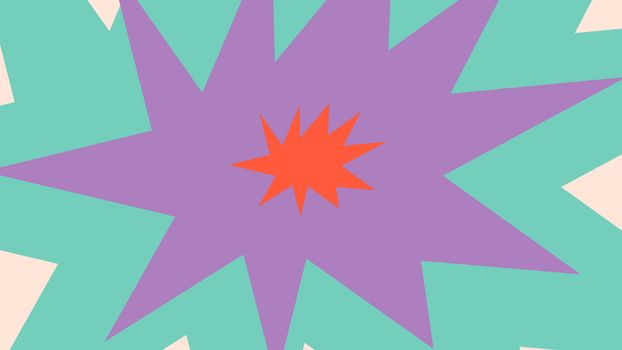A funny 3d illustration of colorful ten pointed stars placed on each other in the white background. The smallest is red, the middle is violet, and the biggest is blue. 