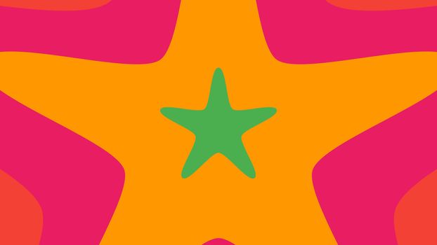 A merry 3d illustration of multicolored five pointed stars placed on each other in the orange background. They look optimistic and are of green, yellow and pink colors 
