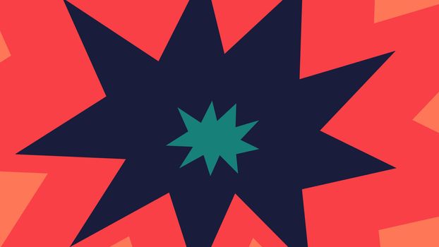  An optimistic 3d illustration of multicolored nine pointed stars imposed on each other in the pink background. They look cheerful and are of celeste, dark blue and red colors 