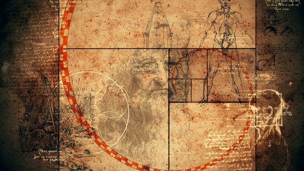 An impressive 3d rendering of code Da Vinci with the portrait of the Italian master, a human skull, some construction and the Vitruvian man showing the anatomy of a person. 