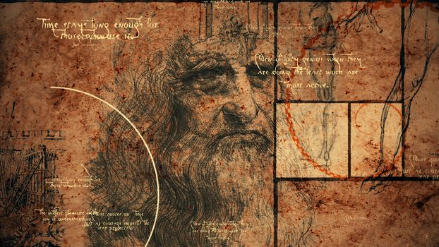 A retro 3d rendering of code Da Vinci with the portrait of the world known master in his old age, a human leg, some construction and short texts written in the Italian language. 