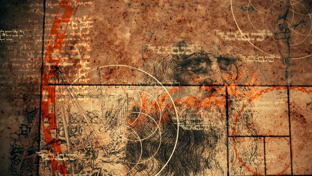 A vintage 3d illustration of code Da Vinci with the portrait of the bearded old master, some spheres, some devices and short inscriptions written in the Italian language. 
