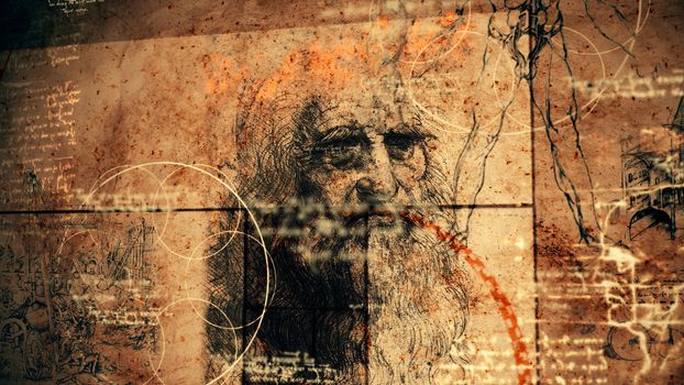 A traditional 3d rendering of code Da Vinci with the portrait of the famous master in his old age, human legs, some appliances and bright short quotes written in the Italian language. 
