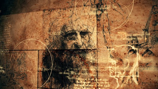 A striking 3d rendering of code Da Vinci with the portrait of the Italian master, a human skull, some crane, inscriptions and the Vitruvian man showing the anatomy of a man. 