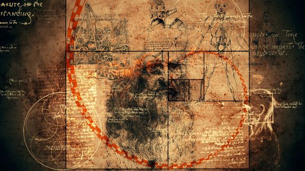 A graphic 3d illustration of code Da Vinci with the portrait of the old Italian genius, a human skull, some sphere with six circles, some texts and a red spiral of golden ratio. 