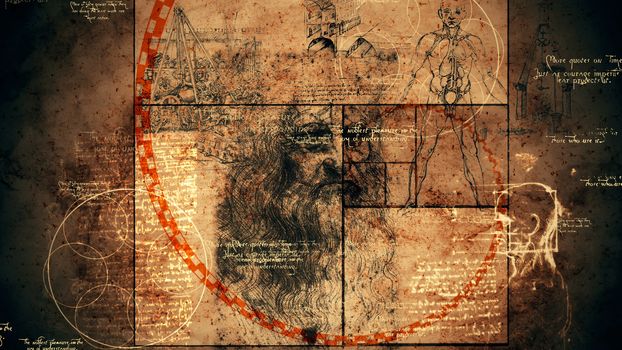 A retro 3d illustration of code Da Vinci with the Vitruvian man, showing anatomy details, portrait of the Italian genius, a human skull, a sphere with circles, and golden spiral. 