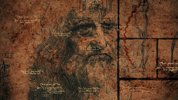 A wise 3d illustration of code Da Vinci placed in a golden ratio, black squares, brainy quotes and the portrait of the ancient bearded Italian man looking mysteriously through ages. 