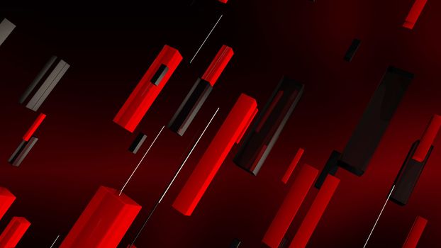 An impressive 3d illustration of red and black rectangular lines and thin white spokes moving diagonally in the dark purple backdrop. They are full of cheerful energy.