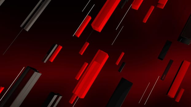 An arty 3d illustration of red, grey and black rectangular lines and thin white spokes moving aslant in the dark purple background. They are full of optimistic dynamism.