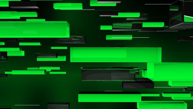 A hopeful 3d illustration of neon green and black horizontal rectangular pipes flying together with white lines in the bottle green backdrop. They create the mood of optimism