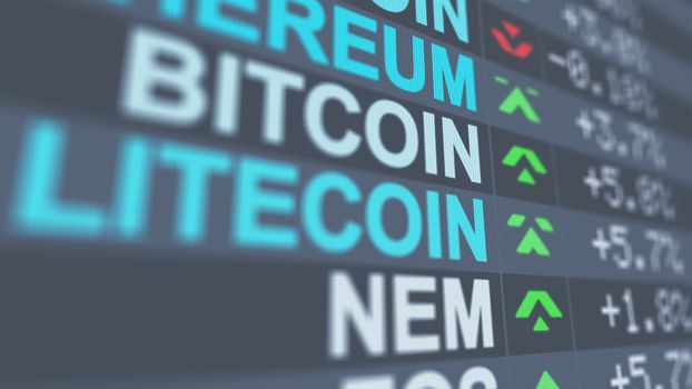 A modern 3d rendering of crypto currency market indicators of Bitcoin, Nem, Litecoin with shimmering digits, red and green arrows, posted on a black screen placed aslant. 