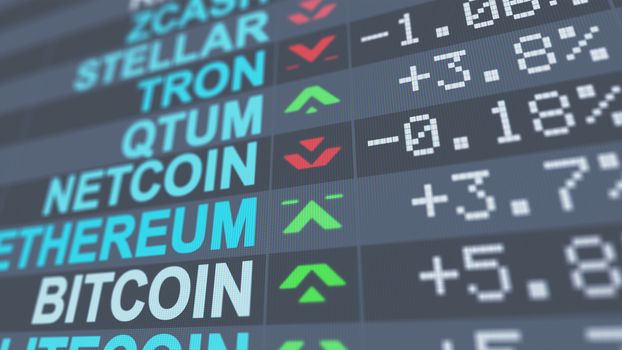 An impressive 3d illustration of crypto currency market indicators of Bitcoin, Netcoin, Tron with white digits, pluses and minuses, red and green arrows, posted on a black screen. 