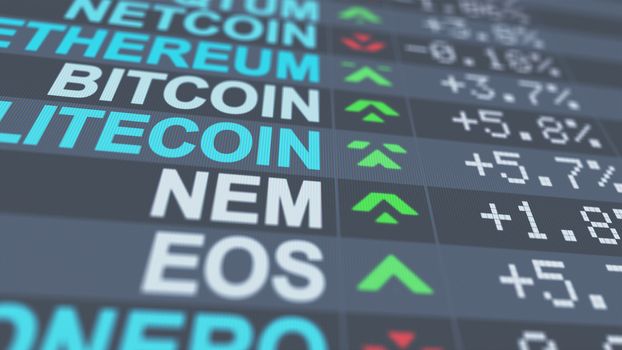 An exciting 3d illustration of crypto currency market indicators of Bitcoin, EOS, Litecoin, NEM with white numbers, pluses and minuses, red and green arrows, placed askew 