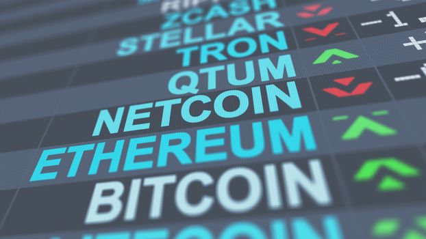 A thrilling 3d illustration of crypto currency exchange indicators of Bitcoin, Tron, Qtum, Stellar with white numbers, pluses and minuses, red and green arrows, on a screen placed aslant 