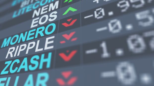 A businesslike 3d illustration of crypto currency exchange indicators of  Zcash, Monero, EOS with numbers, pluses and minuses, red and green arrows, on a black screen placed aslant 