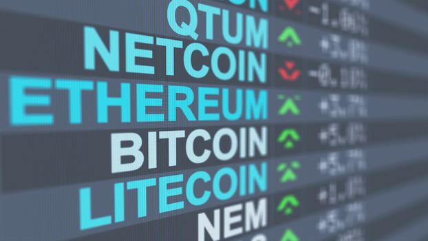 A professional 3d illustration of crypto currency market indicators of  Bitcoin, Qtum, Netcoin with numbers, pluses and minuses, red and green arrows, on a black screen put askew 