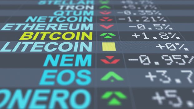 A breathtaking 3d illustration of chancy crypto currency market indicators of  Ethereum, Bitcoin, EOS with colorful numbers, arrows, pluses and minuses, on a black screen put aslant 