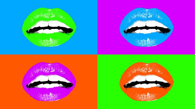 An affecting 3d illustration of four appealing female mouths with fleshy lips and well-shaped white teeth put in the multicolored backgrounds. They look appealing and lovely.