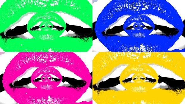 A fantasy 3d illustration of four appealing female mouths with plump lips and white teeth put in the multicolored backgrounds. Inside of them there are tender portals from small lips.