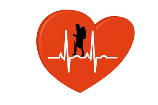 Red heart on a white background. Pulse rate chart. Electrocardiogram. Prevention of heart disease as a 3D rendering.