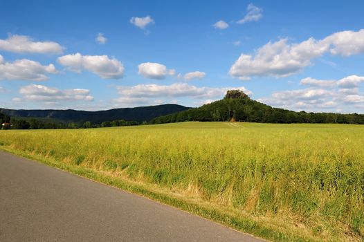 Summer landscape with forests, meadows rocks and sky