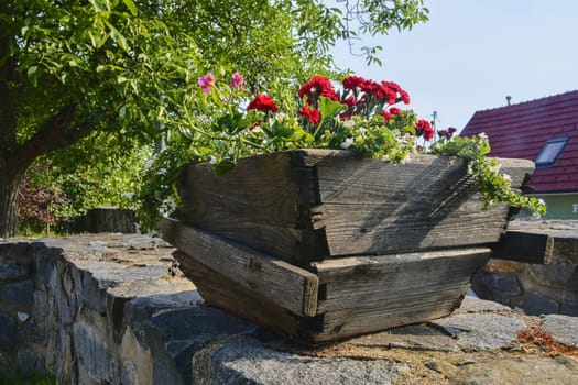 Old rustic wooden window box. Flowery background in Europe. Czech Republic, South Moravia. 